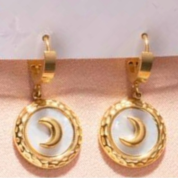 “Mother of Pearl Crescent Moon” Rainbow Iridescent Celestial Gold Steel Hoops - Picture 6 of 17